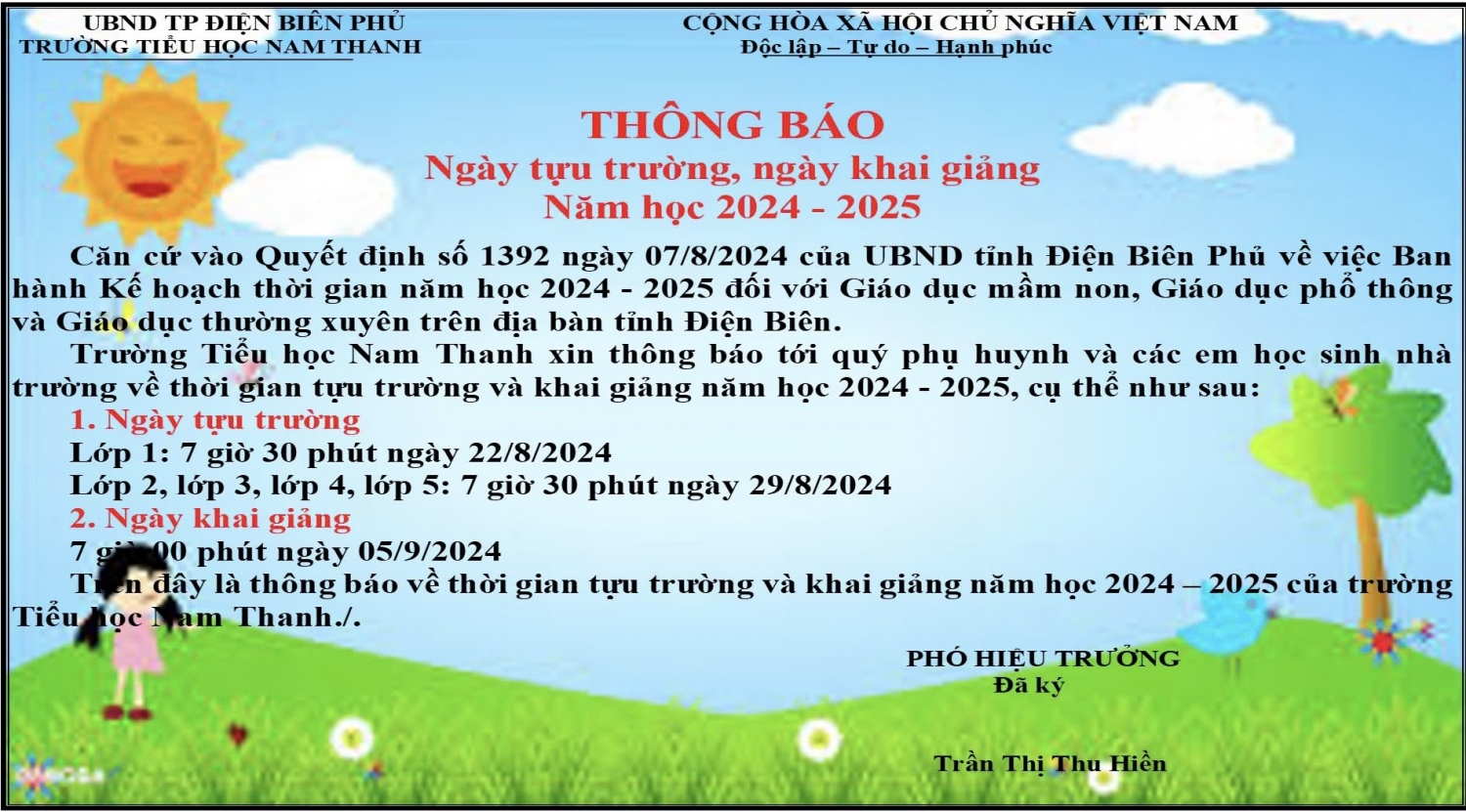 THÔNG BÁO NGÀY TỰU TRƯỜNG, NGÀY KHAI GIẢNG NĂM HỌC 2024 - 2025